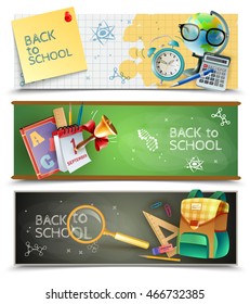 Back to school 3 horizontal banners set with chalkboards textbooks and sport lessons accessories isolated vector illustration  