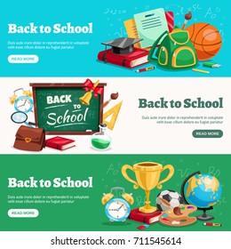 Back to school 3 horizontal banners webpage design with classroom ready backpacks chalkboard stationary supplies isolated vector illustration 