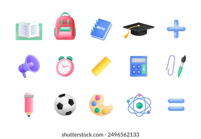 Back to school 3d cartoon concept vector illustration set. Stationery supplies cartoon icons collection. Education elements for website, mobile, social media.