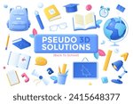Back To School 3d cartoon solutions concept vector illustration set. Student supplies cartoon icons collection. Education and pupils learning items. Creative idea for website, mobile, presentation