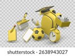 Back To School 3D Icons in Yellow Theme Including Backpack, Clock, Notebook, Diploma, Ball, and Supplies on Transparent Background, Vector Illustration.