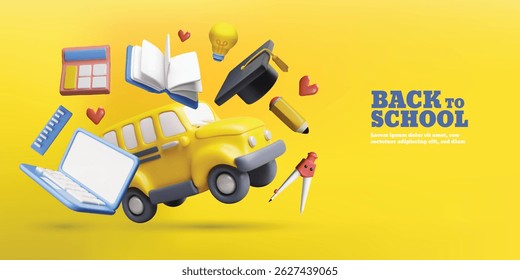 Back to school 3D plastic style vector banner design. Cartoon mathematics and geometric education school supplies and school bus. Realistic books, calculator, laptop, stationary tools and graduate cap