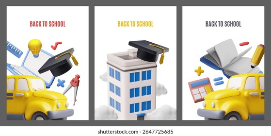 Back to school 3D plastic style vector poster designs set. Education school, college, university concept. Realistic building, book, school bus, graduate cap and school supplies on white background