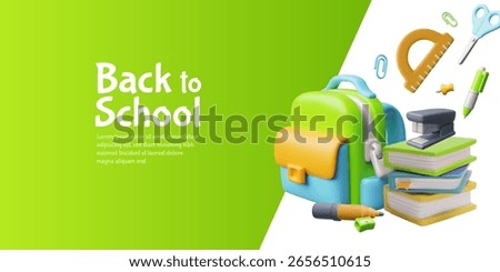 Back to school 3D plastic style vector banner render design. Cartoon mathematics and geometric education school supplies, backpack and books stack. Realistic stationary tools