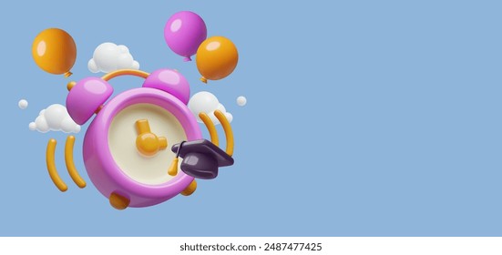 Fondo de renderizado 3D de vuelta a la escuela con reloj despertador, gorra de estudiante, globos de vacaciones volando en las nubes y espacio de copia. Ilustración vectorial del concepto de educación tridimensional.