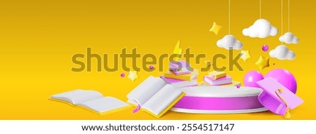 Back to school 3d scene with cylinder podium, stack of books and open literature with bookmark, lightning bolt and stars, clouds and balloons on yellow background. Educational goods display promotion.