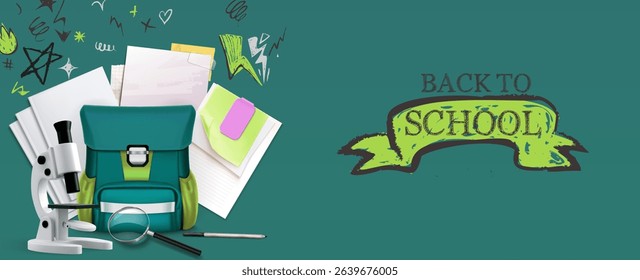 Back to school 3d scene with turquoise backpack, microscope and paper notebooks on green background - educational supplies for students, classroom banner design and academic year promotion graphics.