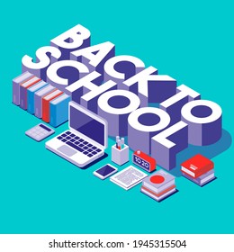 Back To School 3D Text, Laptop And School Supplies, 3D Illustration