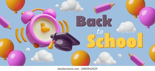 Back to school 3D vector banner with ringing alarm clock, pencil and holiday balloons flying in clouds. Three dimensional education holiday background.