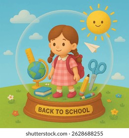 Back to school 3d vector design. Back to school greeting text with student, backpack, ruler, scissors, book educational elements. Vector illustration