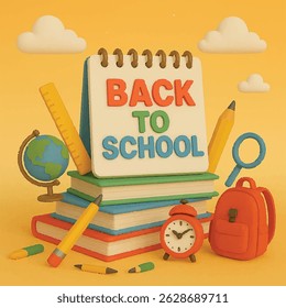 Back to school 3d vector design. Back to school greeting text with backpack schoolbag, alarm clock, pencil and ruler educational elements. Vector illustration