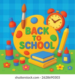 Back to school 3d vector design. Back to school greeting text with alarm clock, pencil, brush educational elements. Vector illustration
