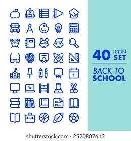 Back to school. 40 icon set. Concept of education, school, learning, subjects. Outline collection. Vector illustration, flat design