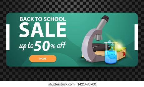 Back to school, up to 50% off, discount web banner for your website with microscope, books and chemical flask