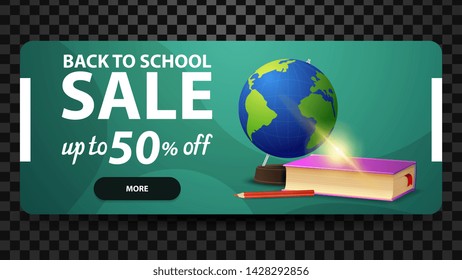 Back to school, up to 50% off, discount web banner for your website with globe and school textbooks