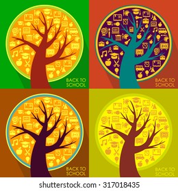 Back To School abstract background tree composed of education icons. Four color variations