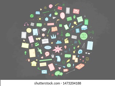 Back to school. Abstract blackboard. Background with hand drawn school supplies. Banner design. Education concept