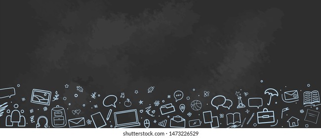 Back to school. Abstract blackboard. Background with hand drawn school supplies. Banner design. Education concept