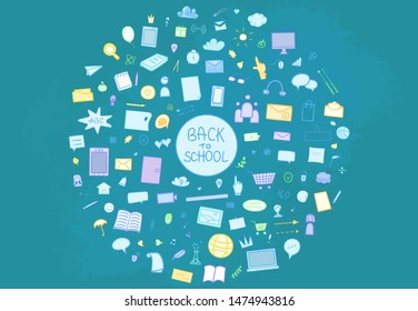 Back to school. Abstract blackboard. Background with hand drawn school supplies