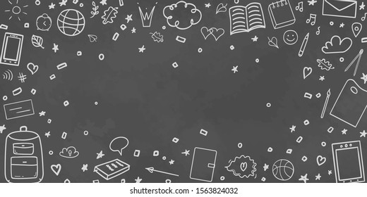 Back to school. Abstract blackboard. Background with school supplies. Elements are drawn in a linear style