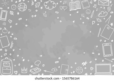 Back to school. Abstract blackboard. Background with school supplies. Elements are drawn in a linear style