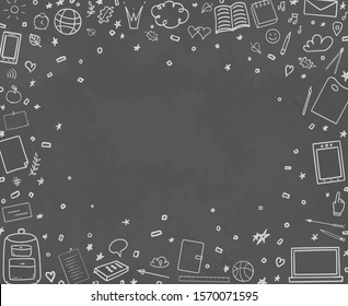 Back to school. Abstract blackboard. Background with hand drawn school supplies. Banner design. Education concept