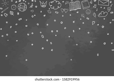 Back to school. Abstract blackboard. Background with hand drawn school supplies. Black and white illustration