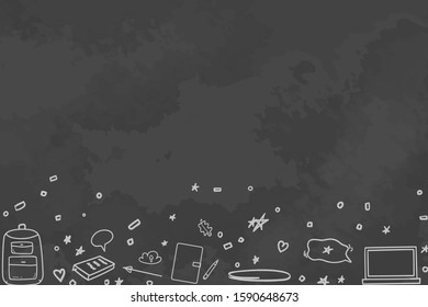 Back to school. Abstract blackboard. Background with hand drawn school supplies. Black and white illustration