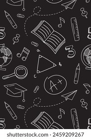 Back to school. Abstract blackboard. Chalk drawing on blackboard. Writing utensils pens, pencils and rulers. Doodles icons of education, science objects, office supplies. For banner, website, flyer