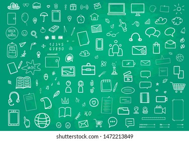 Back to school. Abstract blackboard. Hand drawn school supplies. Education concept