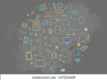 Back to school. Abstract blackboard. Pattern with school supplies. Set of different signs. Hand drawn elements. Illustration for banner