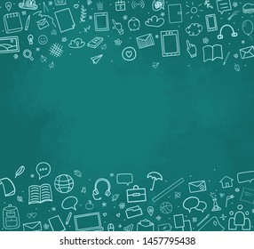Back to school. Abstract blackboard. Sketchy background with hand drawn school supplies. Banner design. Education concept