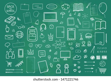 Back to school. Abstract blackboard. Sketchy background with hand drawn school supplies. Banner design. Education concept