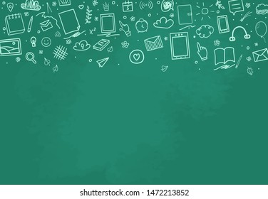 Back to school. Abstract blackboard. Sketchy background with hand drawn school supplies. Education concept
