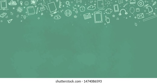 Back to school. Abstract blackboard. Sketchy background with hand drawn school supplies. Education concept