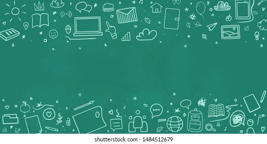 Back to school. Abstract blackboard. Sketchy background with hand drawn school supplies. Design for your business