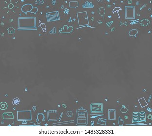 Back to school. Abstract blackboard. Sketchy background with hand drawn school supplies. Design for your business