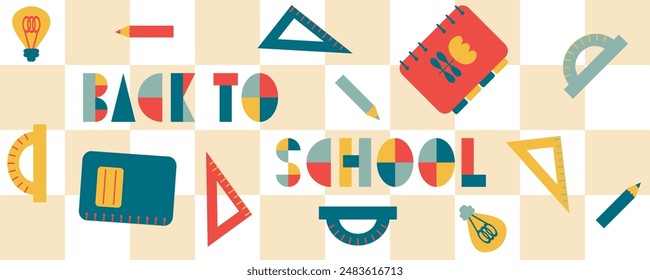 Back to school abstract checkered minimalistic horizontal banner. Perfect print to tee, sticker, cup, mug, card. Hand drawn isolated vector illustration.


