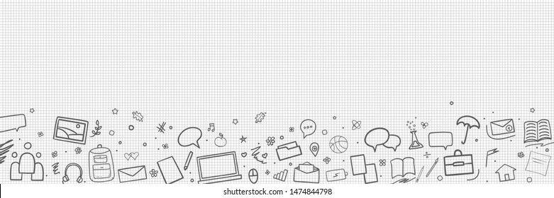 Back to school. Abstract checkered pattern with school supplies. Graphic paper background. Hand drawn elements. Education concept