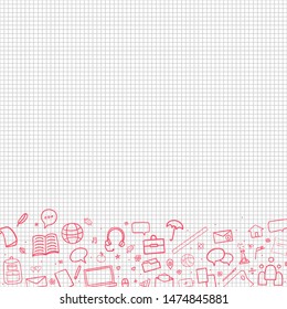 Back to school. Abstract checkered pattern with school supplies. Graphic paper background. Hand drawn elements