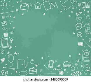 Back to school. Abstract colored chalkboard. Background with hand drawn school supplies
