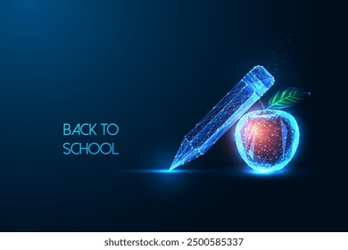 Back to school abstract futuristic concept with pencil and apple on dark blue background. Modern technology and creativity in education, academic growth. Glowing polygonal design vector illustration.