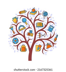 Zurück zur Schule Abstrakte Illustration mit Baum- und Bildungssymbolen.