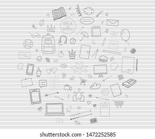 Back to school. Abstract line pattern with school supplies. Graphic stripe paper background. Striped abstract texture. Hand drawn line backdrop. Education concept