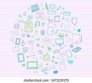 Back to school. Abstract line pattern with school supplies. Graphic stripe paper background. Striped abstract texture