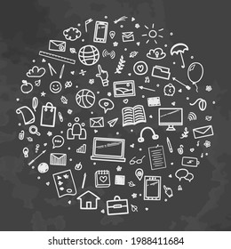 Back to school. Abstract pattern with school supplies. Education concept. Black and white illustration