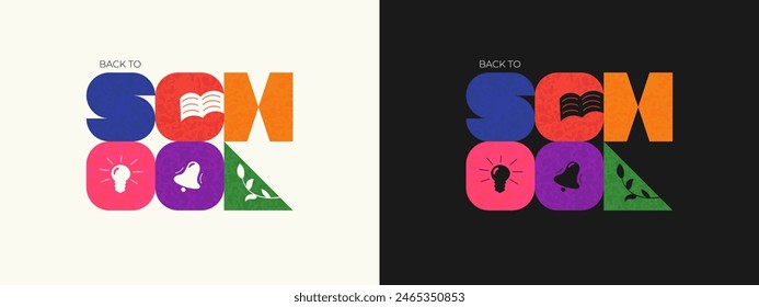 Back to School abstract retro minimal brutalist inscription. Bauhaus contemporary figures geometry typography logo. Season sale for education brutal colorful graphic badge. Modern minimalist lettering