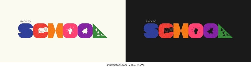 Volver a la escuela abstracto retro mínima inscripción de brutalismo. Insignia tipográfica de figuras de geometría contemporánea Bauhaus. Venta de temporada para la educación brutalista colorido gráfico. Letras minimalistas modernas