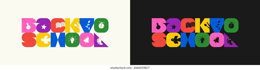 Back to School abstract retro minimal brutalism inscription. Bauhaus geometric combinate figures typography badge. Season sale for education brutalist colourful graphic. Modern minimalist lettering
