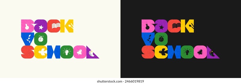 Back to School abstract retro minimal brutalist inscription. Bauhaus geometric combinate figures typography logo. Season sale for education brutal colorful graphic badge. Modern minimalist lettering